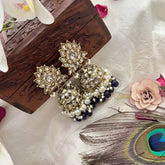 Vriksham Gold Lotus Motif Kundan With Aqua Blue Beads and Pearls Jhumka-G20134